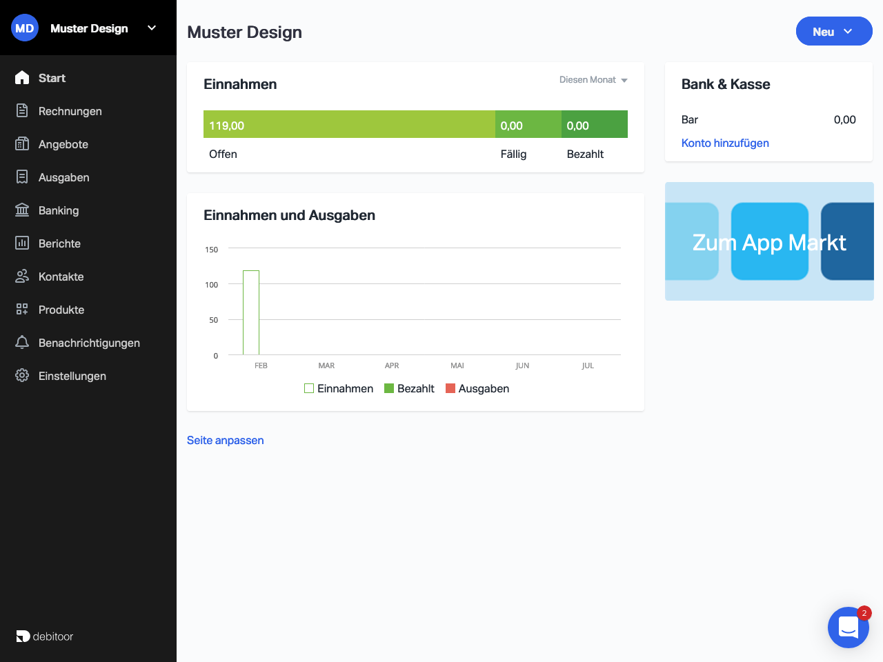 Screenshot des Debitoor Dashboards welches den Umsatz und die Ausgaben des aktuellen Zeitraums zeigt